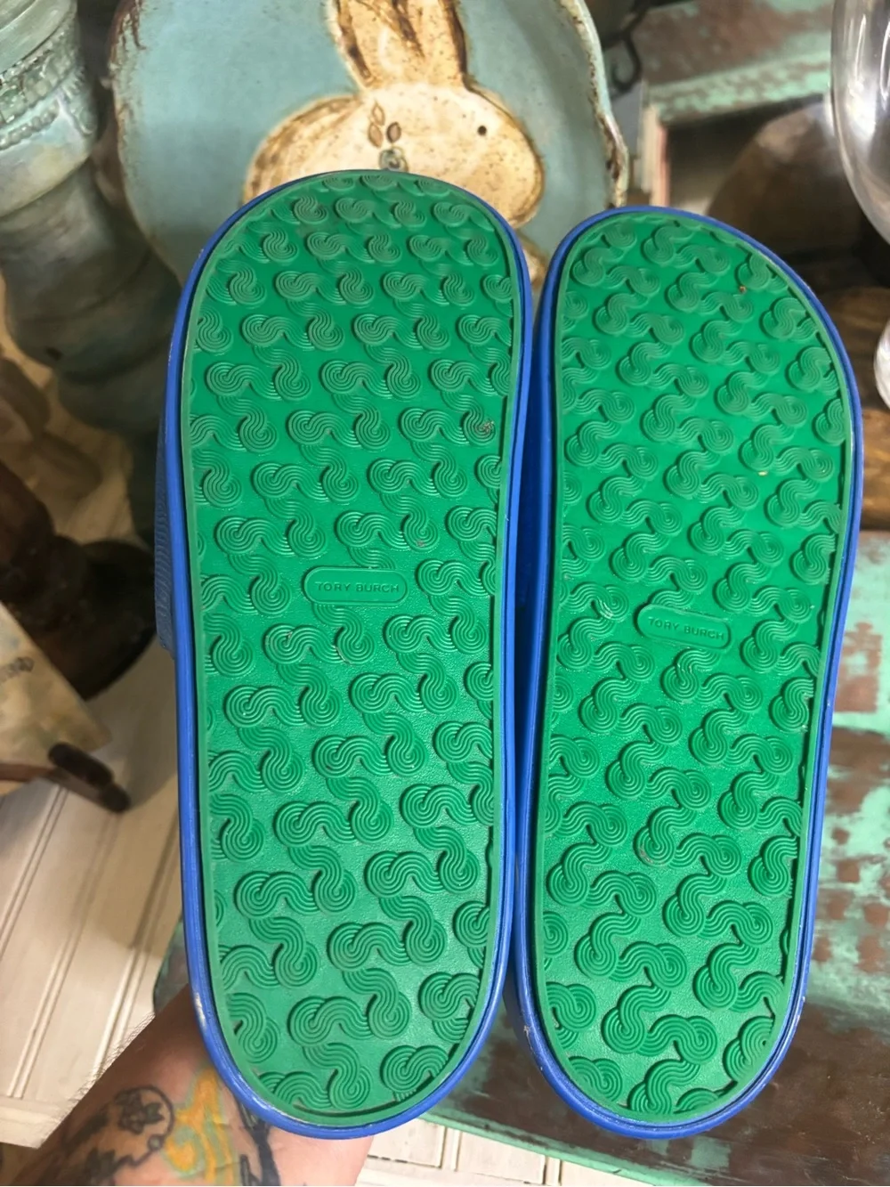 Tory Burch Blue Slide Sandals with Green Logo Medallions